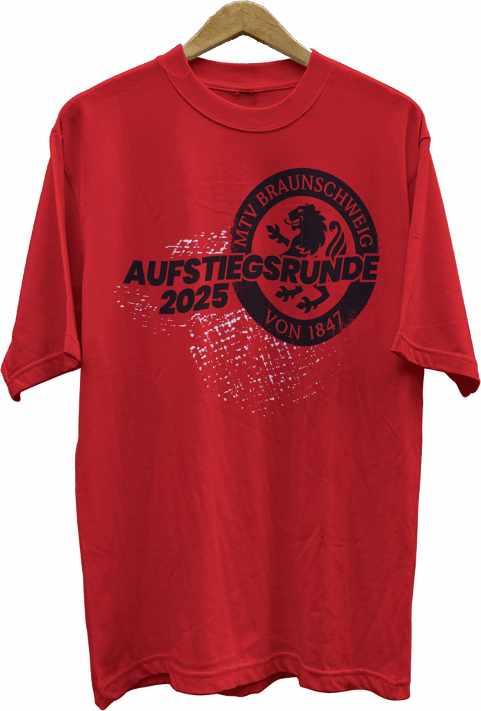 a red shirt with a black logo